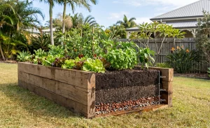 Raised garden bed with proper drainage layers in Sunshine Coast Queensland backyard