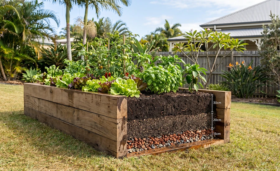 Raised garden bed with proper drainage layers in Sunshine Coast Queensland backyard