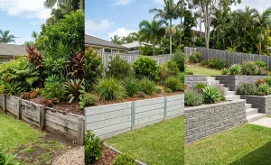 Timber vs concrete sleeper vs block retaining walls comparison in Sunshine Coast Queensland backyard