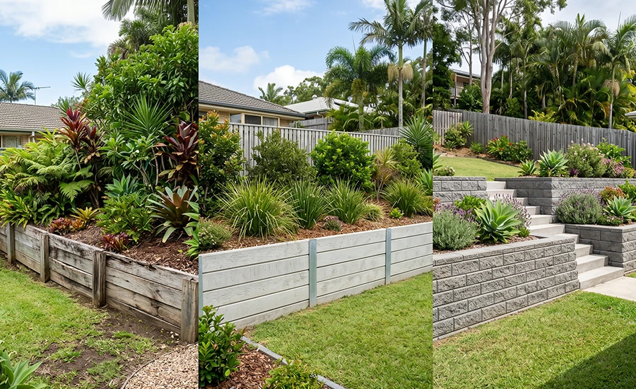 Timber vs concrete sleeper vs block retaining walls comparison in Sunshine Coast Queensland backyard