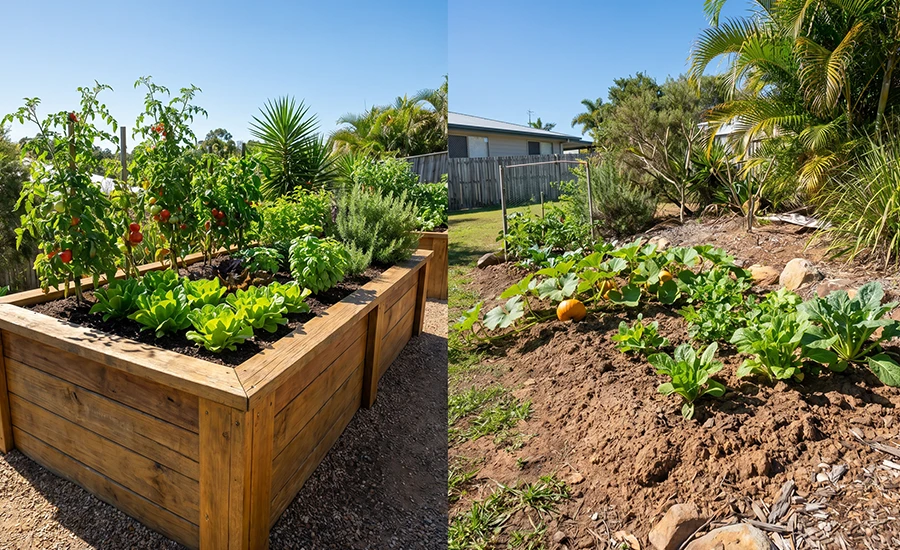 Raised garden beds vs in ground garden comparison in Sunshine Coast Queensland backyard