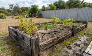 Failing raised garden bed with poor drainage and deteriorating timber on the Sunshine Coast