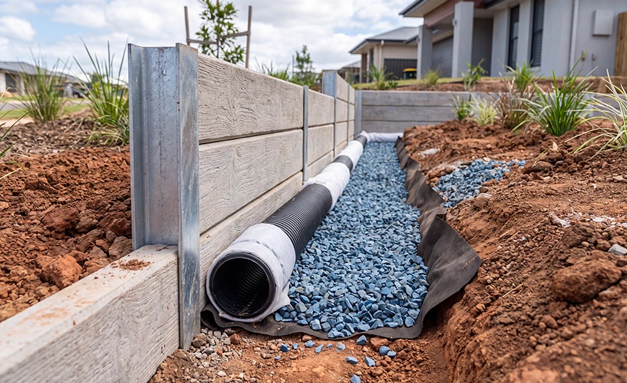 Ag pipe and gravel drainage layer installed behind a concrete sleeper retaining wall on the Sunshine Coast