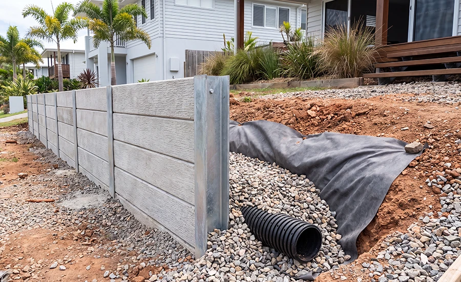 Retaining wall drainage with ag pipe and gravel on the Sunshine Coast