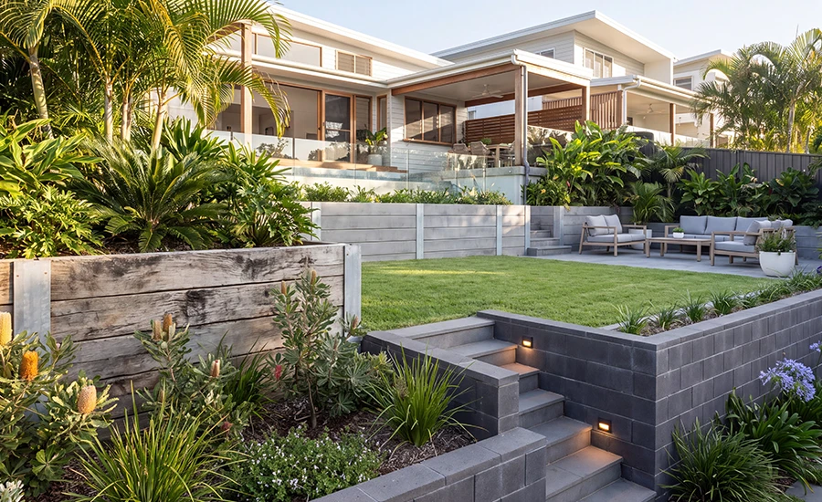 Timber, concrete sleeper and block retaining wall comparison in a Sunshine Coast landscape