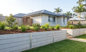 Low concrete sleeper garden retaining wall under one metre high on a Gold Coast residential property.