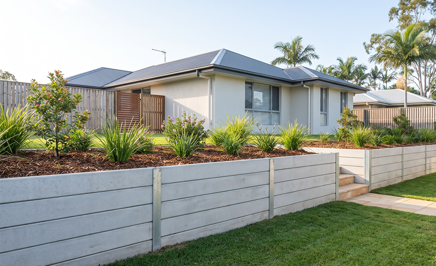 Low concrete sleeper garden retaining wall under one metre high on a Gold Coast residential property.