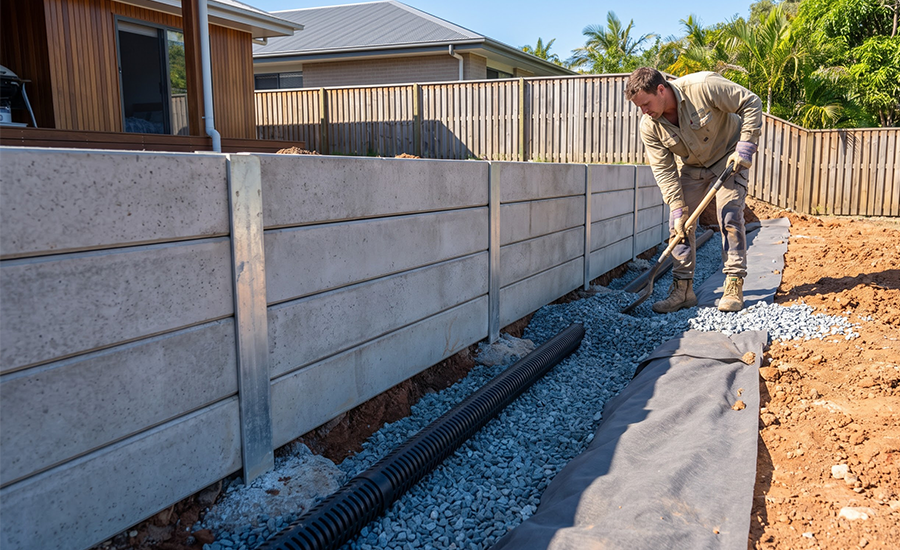 Retaining wall drainage installation showing ag pipe, gravel backfill and geotextile fabric behind concrete sleepers on the Gold Coast.