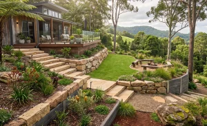 Tiered retaining walls and landscaped garden terraces on a steep Tamborine Mountain property in Queensland.